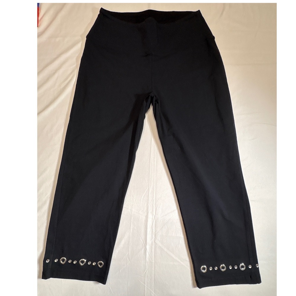 Slender Shapes Womens Black Cropped Leggings Rhinestone Grommet Embellished Med